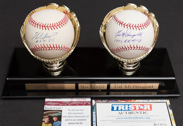 Herb Score & Gil McDougald Signed Baseballs Display 